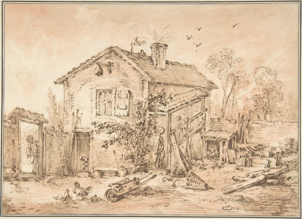 Cottage with Figures by François Boucher, drawing, 1700-1800