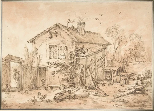 Cottage with Figures by François Boucher, drawing, 1700-1800