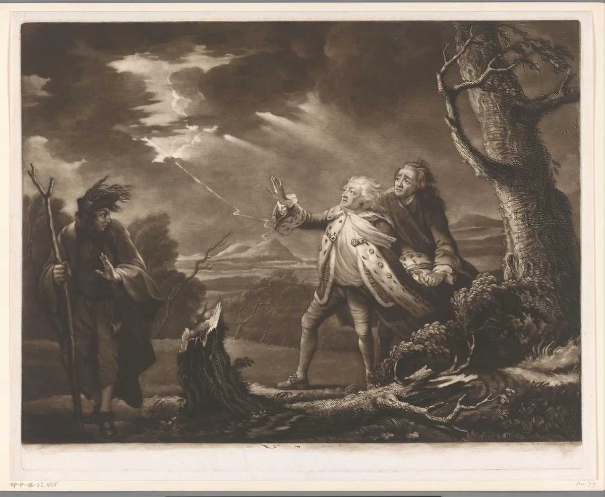 David Garrick als koning Lear met de graaf van Kent en Edgar vermomd als Tom in een stormachtig landschap by James McArdell, print, 1761
