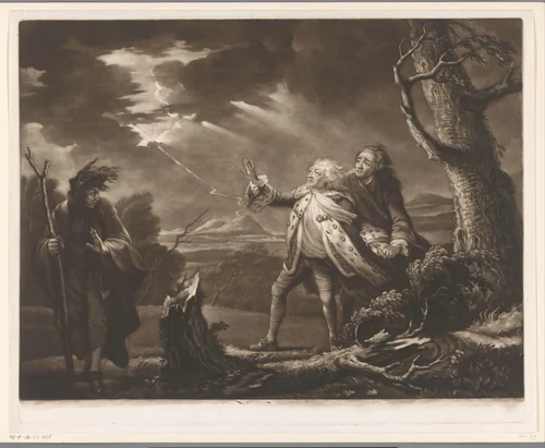 David Garrick als koning Lear met de graaf van Kent en Edgar vermomd als Tom in een stormachtig landschap by James McArdell, print, 1761
