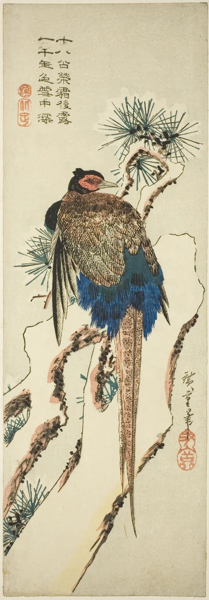 Pheasant on a Snow-Covered Pine Tree by Utagawa Hiroshige (歌川広重), print, 1830-1840