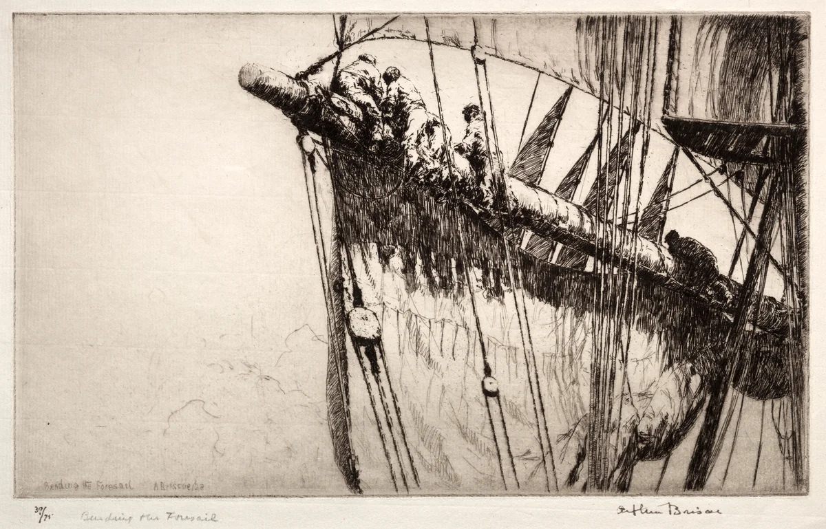 Bending the Foresail by Arthur John Trevor Briscoe, print, 1928