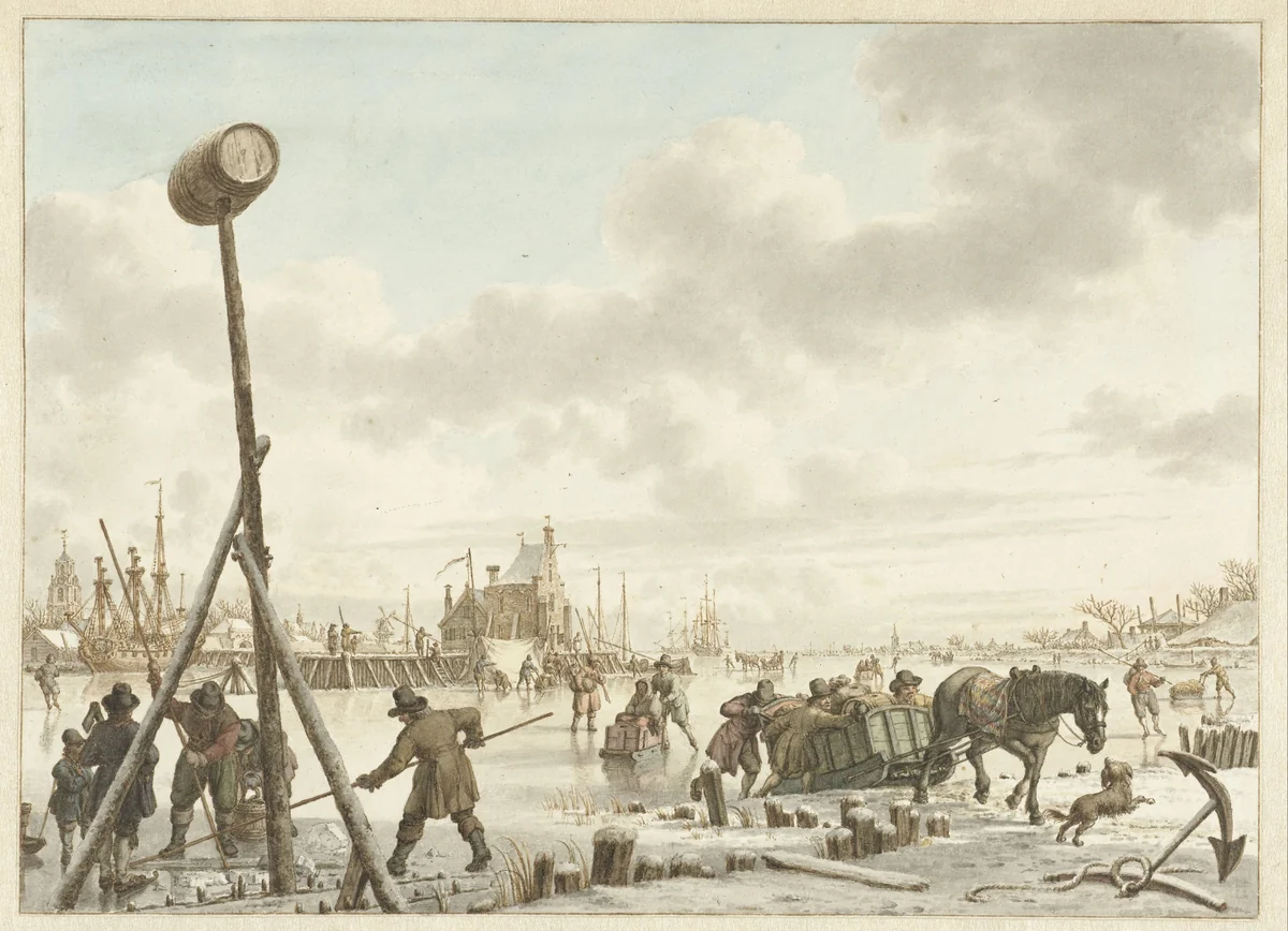 Bedrijvigheid op het ijs bij de stadswal van Veere by Jacob Cats, drawing, 1790