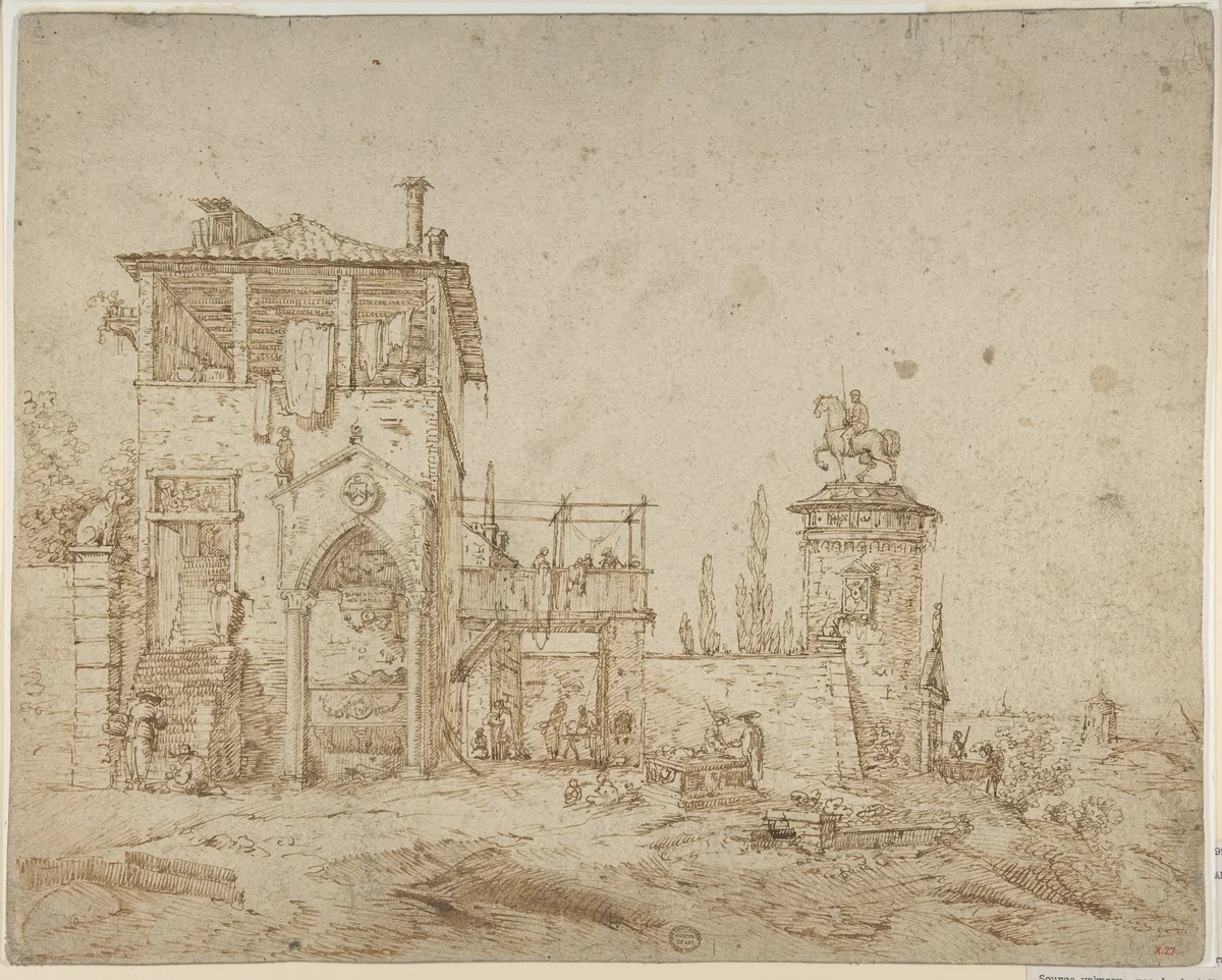 Fanciful Landscape (Landscape with Villa Building and Equestrian Monument) by Canaletto, drawing, 1697-1768