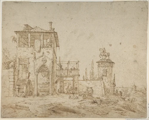 Fanciful Landscape (Landscape with Villa Building and Equestrian Monument) by Canaletto, drawing, 1697-1768