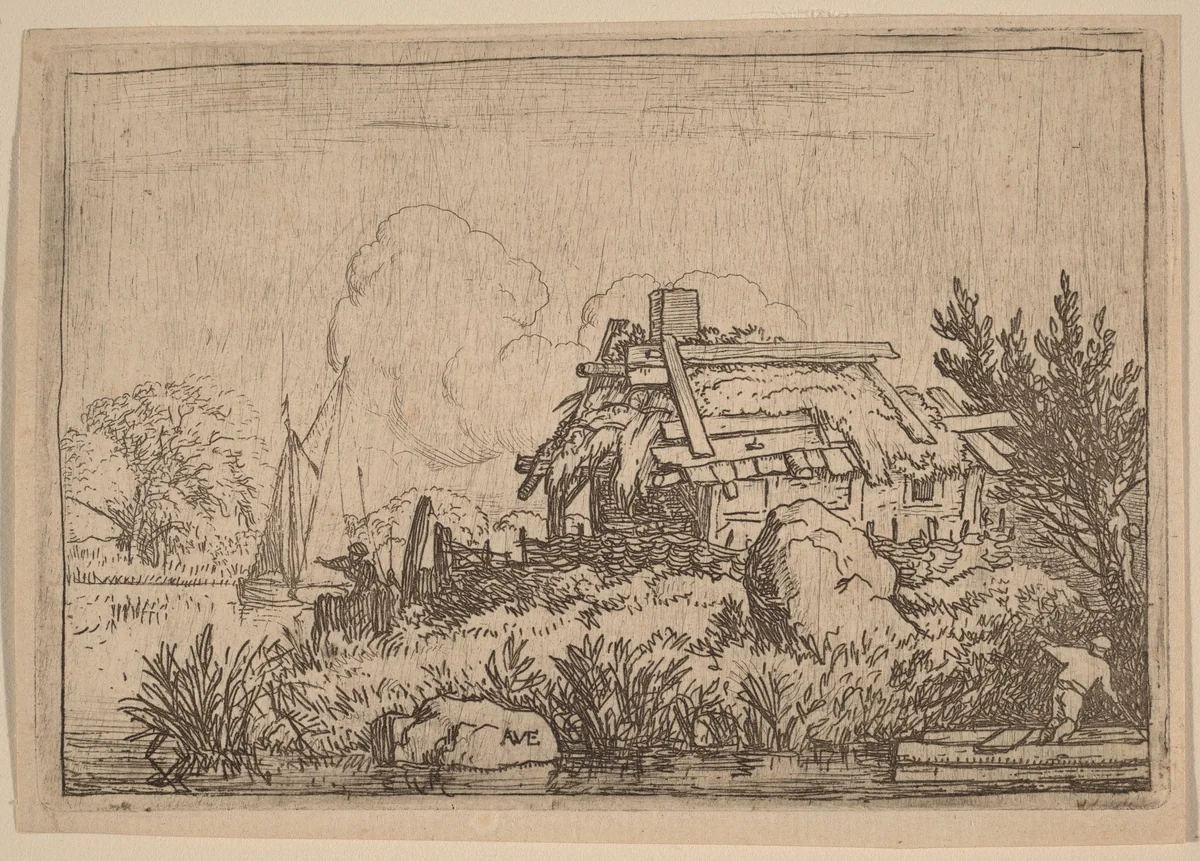 Ruined Cottage, Surrounded by Water by Allart van Everdingen, print, 1645-1656