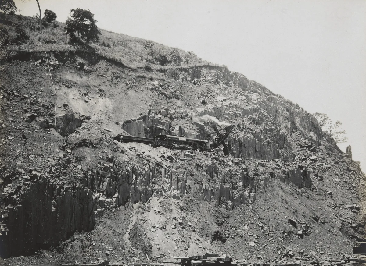 Balboa Terminals. Sosa Hill Quarry. Steam shovels on upper level casting material by Unidentified Photographer, photograph, 1915