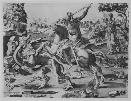 St George Killing the Dragon by Enea Vico, print, 1542