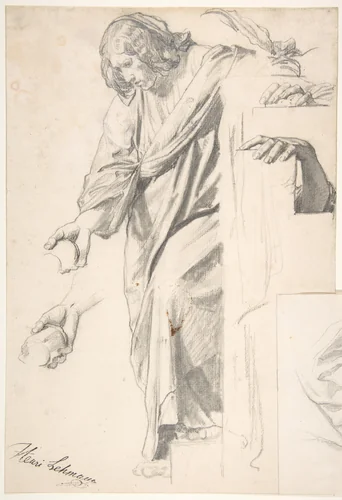Standing Draped Female Figure by Henri Lehmann, drawing, 1825-1882