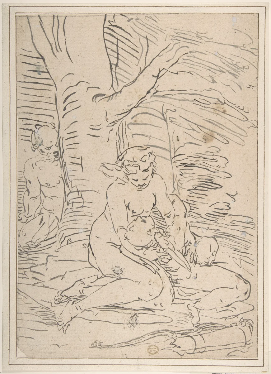 Venus, Cupid and Satyr by Luca Cambiaso, drawing, 1527-1585