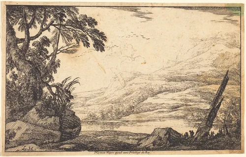 Mountainous Landscape by Laurent de La Hyre, print, 1640