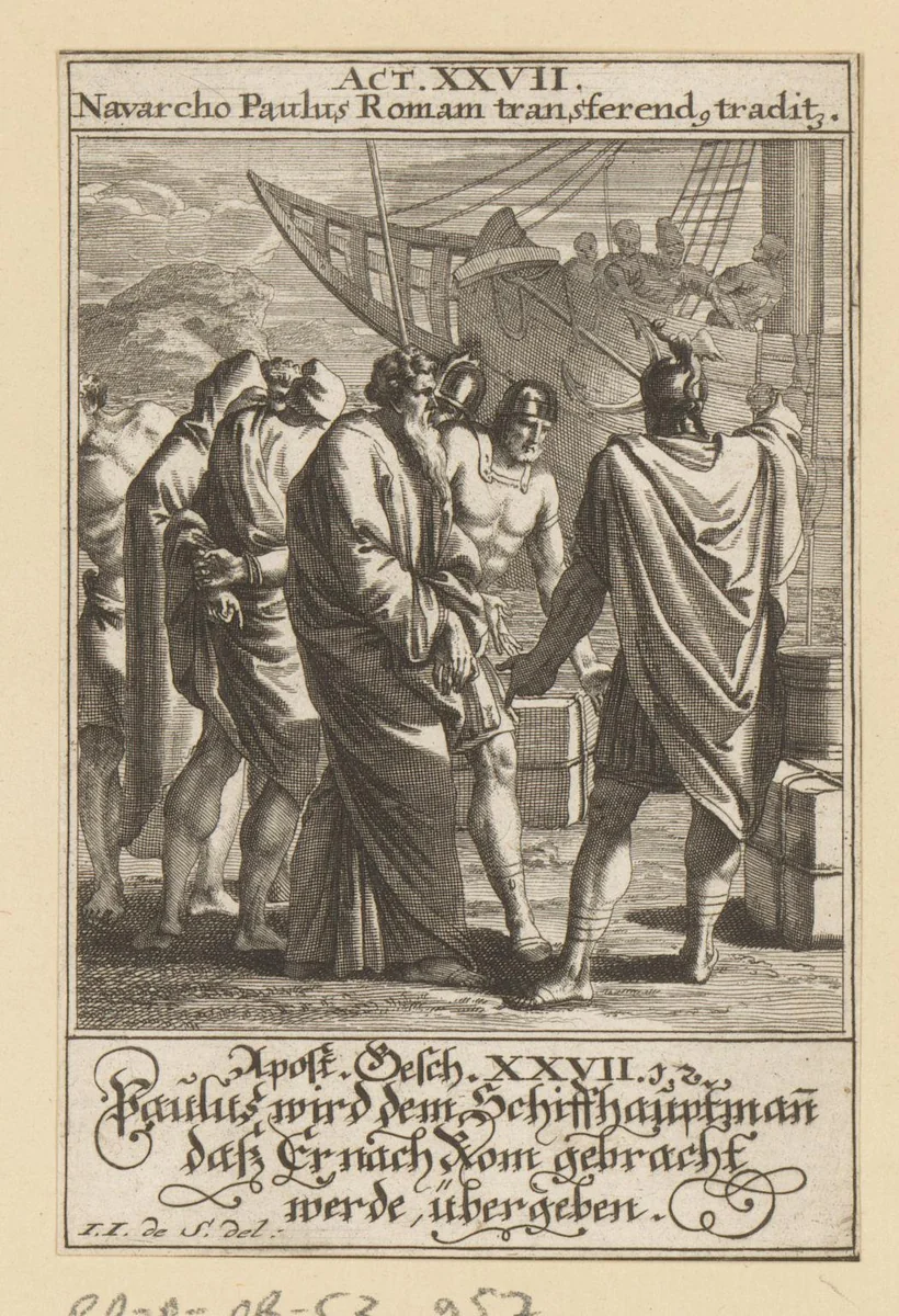 Gevangen genomen apostel Paulus wordt naar Rome gebracht by anonymous, print, 1697