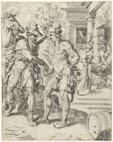 Barmhartige Samaritaan betaalt de herbergier by Dirck Volckertsz. Coornhert, print, 1549