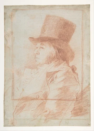 Self-Portrait; wearing a top hat facing left within a drawn frame (recto); two studies of his face (verso) by Goya, drawing, 1792-1803
