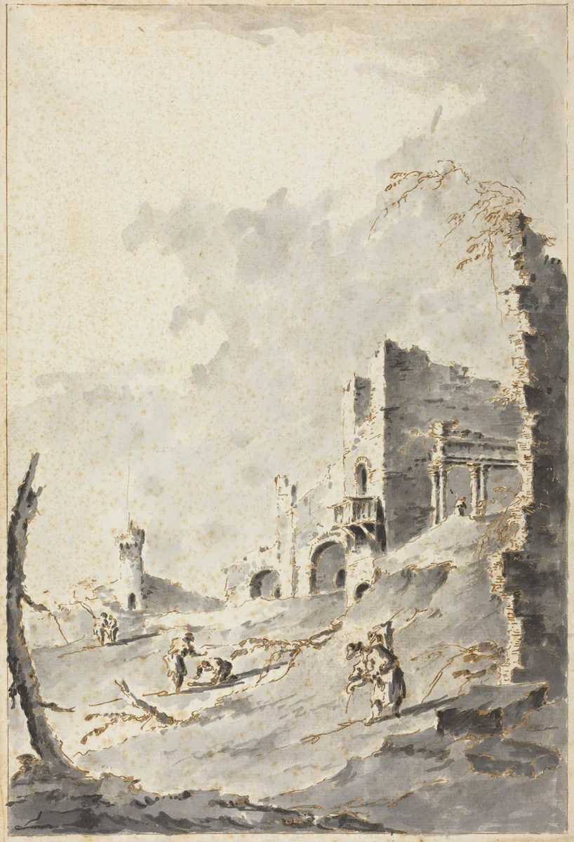 Capriccio of Classical Ruins with a Fortress by Giacomo Guardi, drawing, 1764-1835