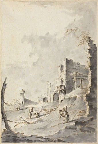 Capriccio of Classical Ruins with a Fortress by Giacomo Guardi, drawing, 1764-1835