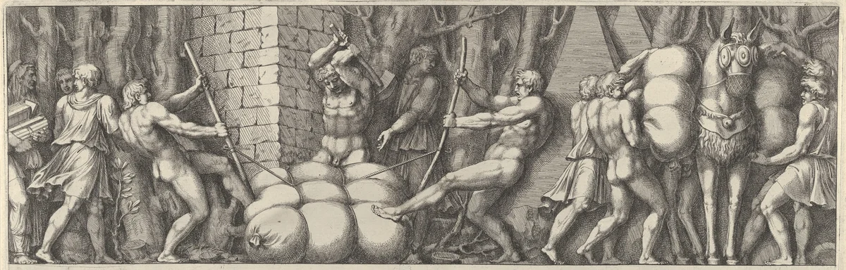 Plate 2: various figures carrying out tasks that include tying a sack and loading a horse by Pietro Santi Bartoli, print, 1655-1665