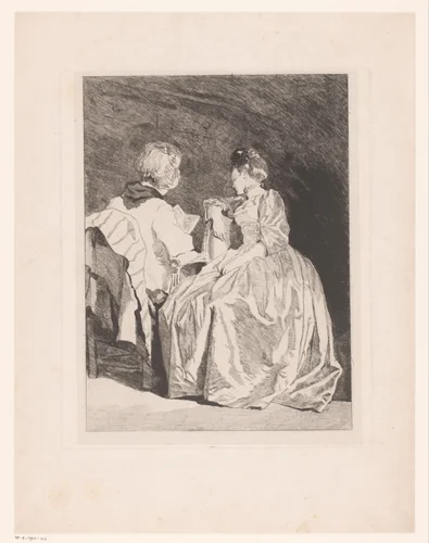 Vrouw op de rug gezien leest een andere vrouw voor by Jules de Goncourt, print, 1864