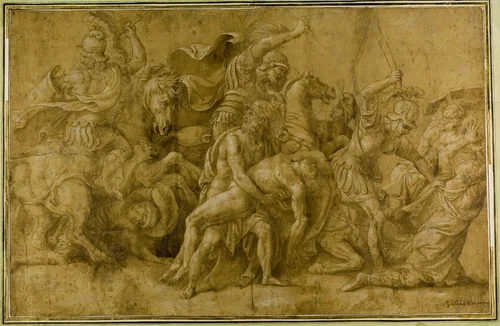 Menelaus Holding the Body of Patroclus by Giulio Romano, drawing, 1519-1546