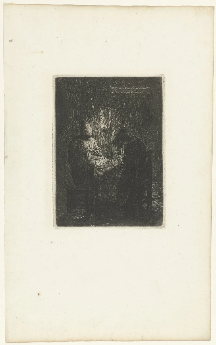 Twee vrouwen zitten te naaien bij verlichting van lamp by Jean-François Millet, print, 1856