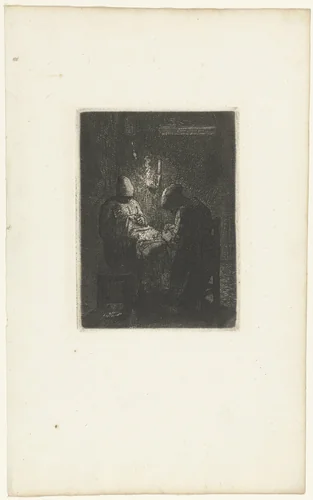 Twee vrouwen zitten te naaien bij verlichting van lamp by Jean-François Millet, print, 1856