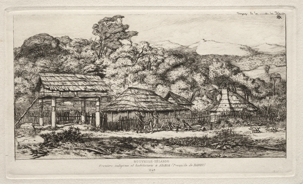 Native Barns and Huts at Akaroa, Banks' Peninsula, 1845 by Charles Meryon, print, 1865