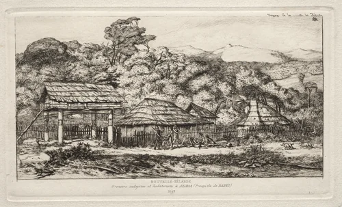 Native Barns and Huts at Akaroa, Banks' Peninsula, 1845 by Charles Meryon, print, 1865
