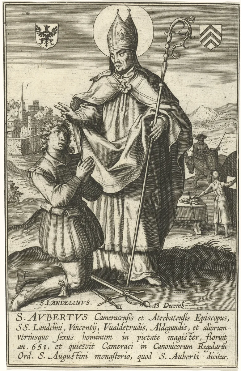 Heilige Aubertus en de Heilige Landelinus by anonymous, print, 1606