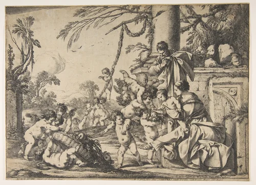 The Virgin and Christ Child Served by Angels by Laurent de La Hyre, print, 1640