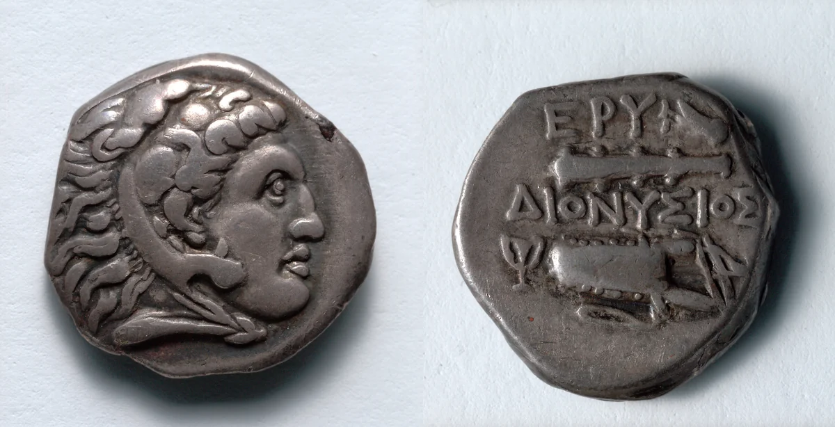Drachm: Head of Herakles (obverse); Club, Bow Case (reverse) by Unknown, metalwork, -387--300