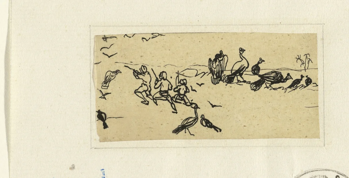 Drie mannen op jacht naar vogels by Rodolphe Bresdin, drawing, 1832-1885