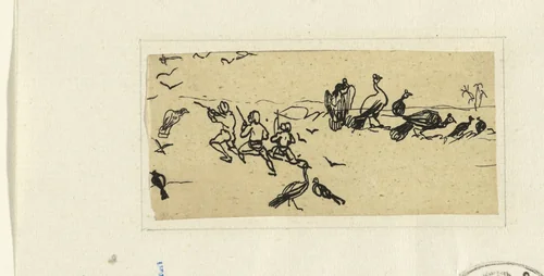 Drie mannen op jacht naar vogels by Rodolphe Bresdin, drawing, 1832-1885