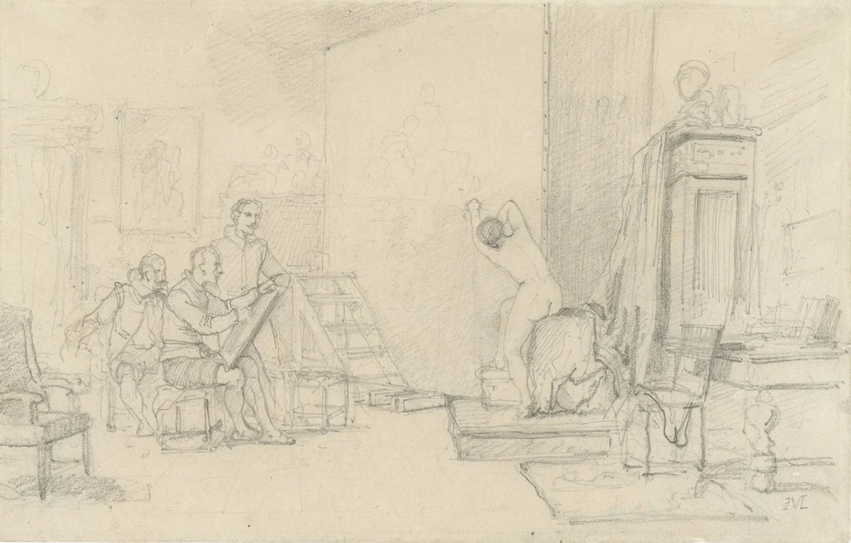 Drie kunstenaars in een zeventiende-eeuws interieur by Jean Louis Ernest Meissonier, drawing, 1835-1891