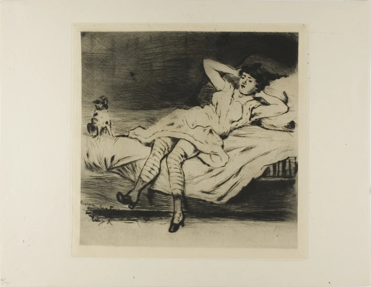 Plate from l'Assommoir (dancer reclining on bed, with cat) by Gaston La Touche, print, 1878