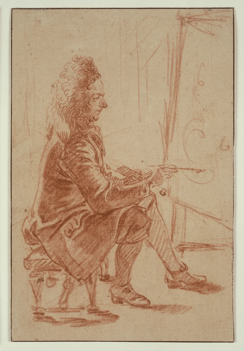 A Bewigged Painter (Possibly Claude Audran), Seated at his Easel, Seen in Profile by Jean-Antoine Watteau, drawing, 1704-1714
