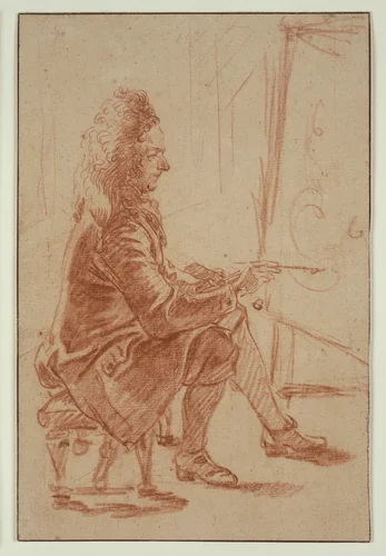 A Bewigged Painter (Possibly Claude Audran), Seated at his Easel, Seen in Profile by Jean-Antoine Watteau, drawing, 1704-1714