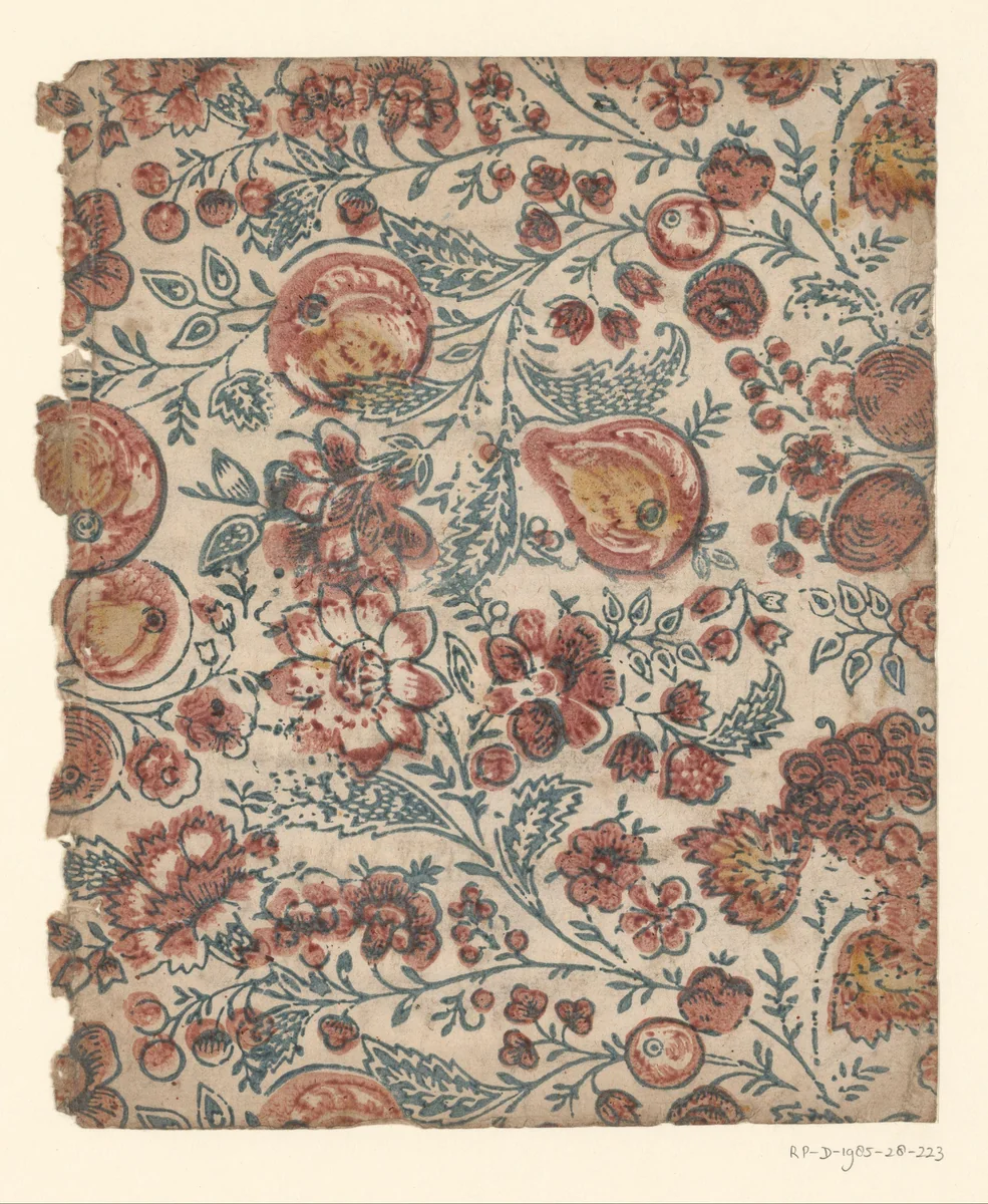 Blad met strooipatroon van bloemen en grote vruchten by anonymous, other, 1750-1900