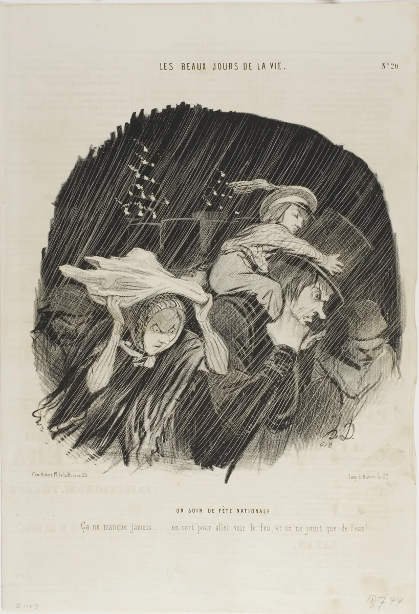 The Evening of the National Holiday. It never fails... you go out to see the fireworks, and all you get is waterworks!, plate 20 from Les Beaux Jours De La Vie by Honoré-Victorin Daumier, print, 1844
