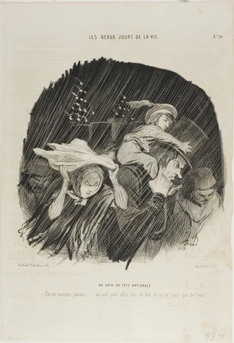 The Evening of the National Holiday. It never fails... you go out to see the fireworks, and all you get is waterworks!, plate 20 from Les Beaux Jours De La Vie by Honoré-Victorin Daumier, print, 1844