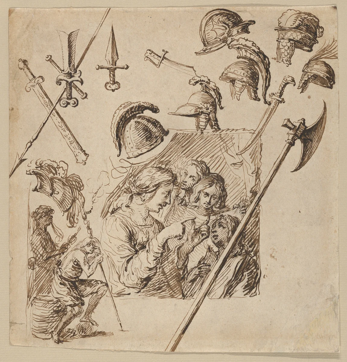 Sheet with Two Figural Compositions and Studies of Helmets and Arms by Jacques de Gheyn II, drawing, 1620-1629
