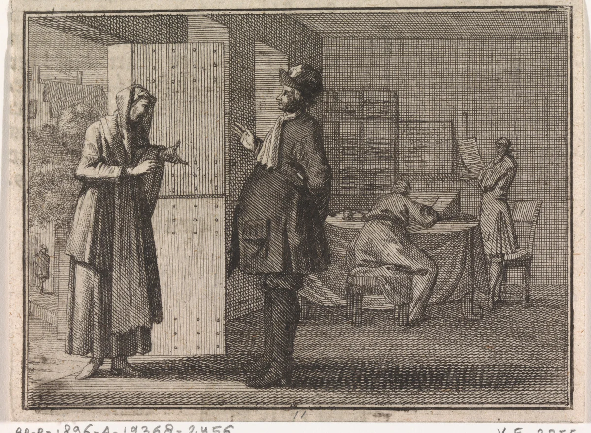 Man en vrouw voeren een gesprek in de deuropening by Caspar Luyken, print, 1710