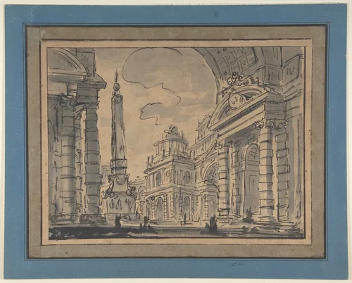 An Architectural Capriccio; a View Through a Great Arch with an Obelisk in a Piazza in the Middle Distance by Charles Michel-Ange Challe, drawing, 1730-1778