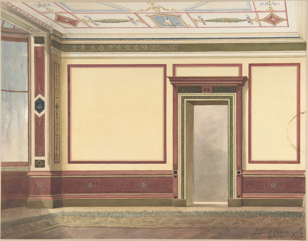 Dining Room Elevation in a Simplified Third Pompeian Style by John Gregory Crace, drawing, 1870-1890