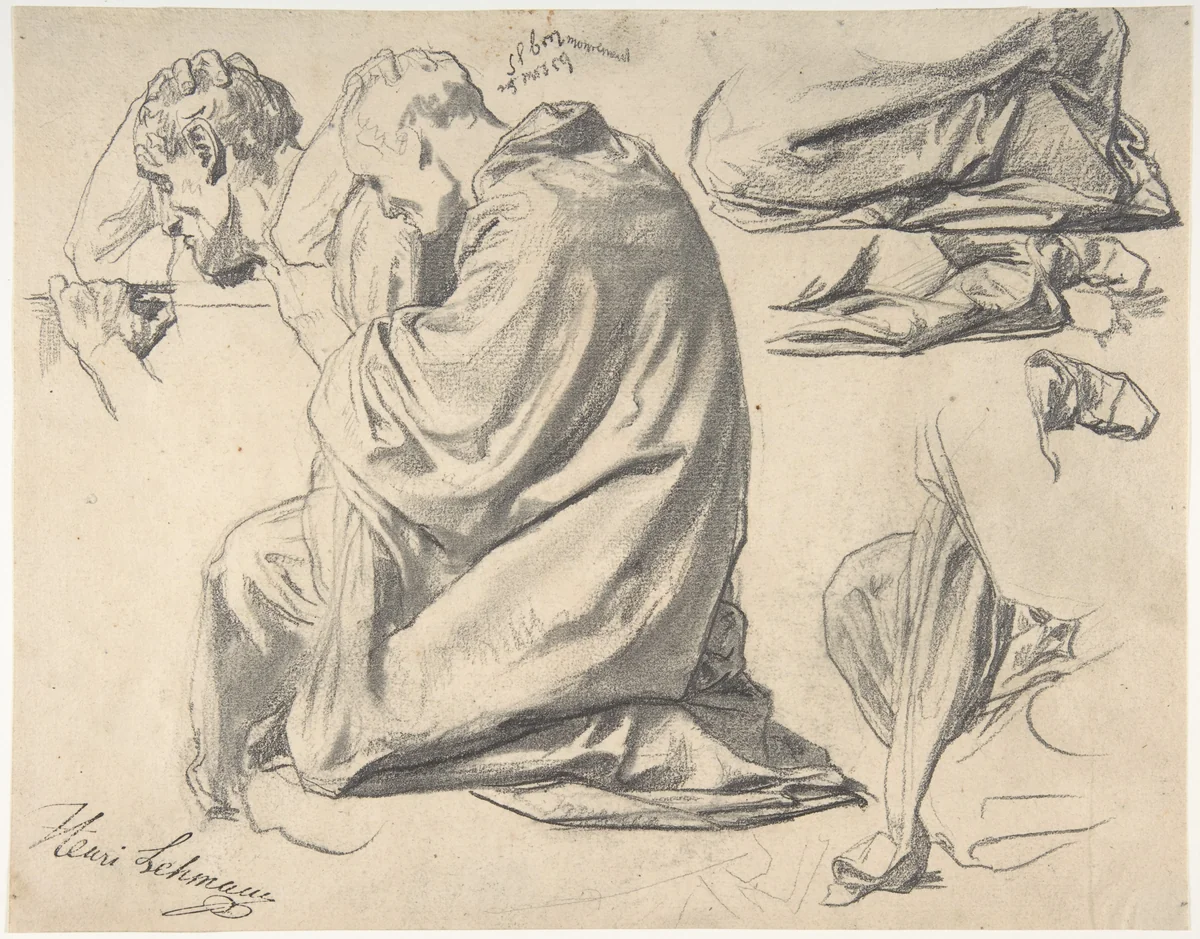 Kneeling Draped Male Figure, Facing Left by Henri Lehmann, drawing, 1859