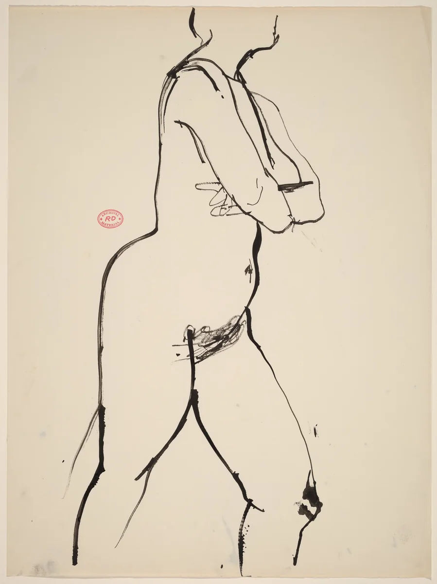 Untitled [nude with her arms crossed stepping forward] by Richard Diebenkorn, drawing, 1955-1967