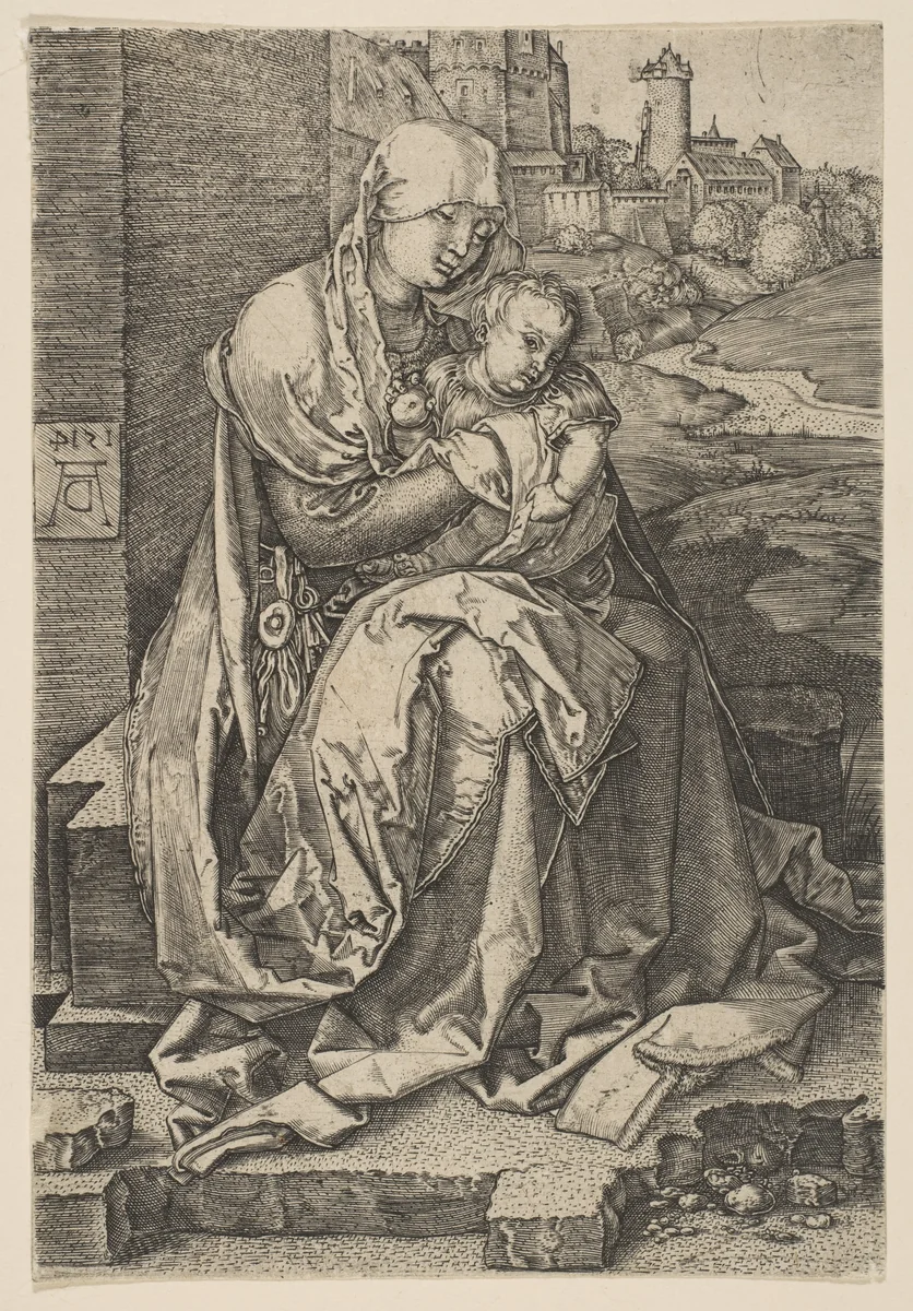 Virgin and Child Seated by the Wall (reverse copy) by Albrecht Dürer, print, 1485-1600
