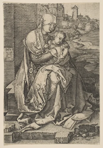 Virgin and Child Seated by the Wall (reverse copy) by Albrecht Dürer, print, 1485-1600