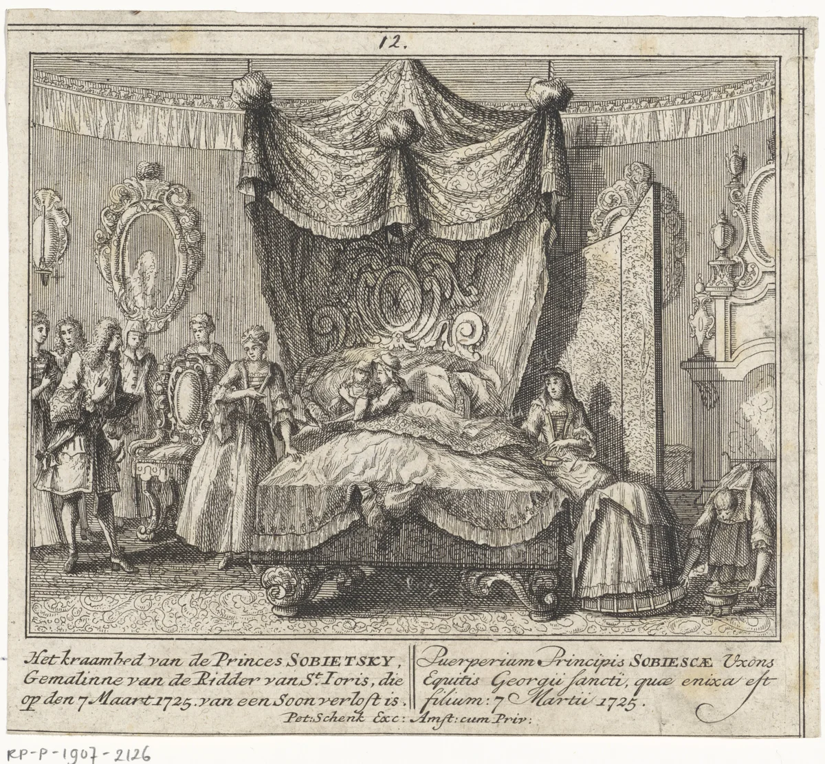 Maria Clementina Sobieska in het kraambed by Leonard Schenk, print, 1727