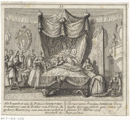 Maria Clementina Sobieska in het kraambed by Leonard Schenk, print, 1727