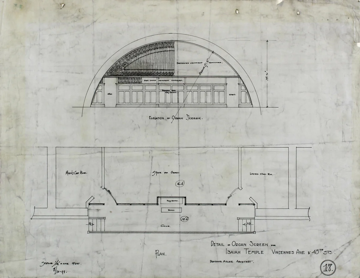 Isaiah Temple, Chicago, Illinois, Organ Screen Plan and Elevation by Dankmar Adler, drawing, 1898